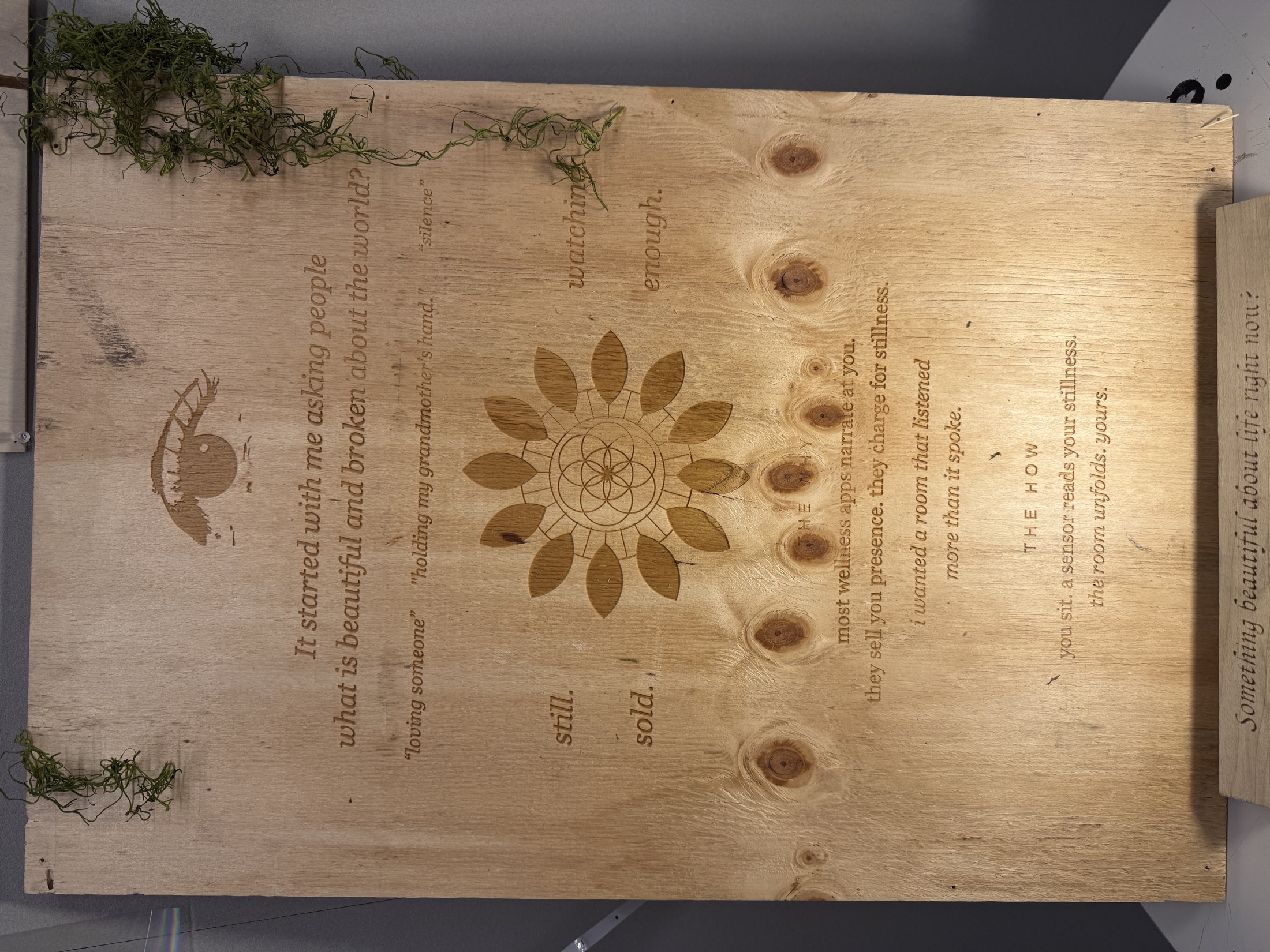 Bloom exhibition — laser engraved wooden panel with the project text