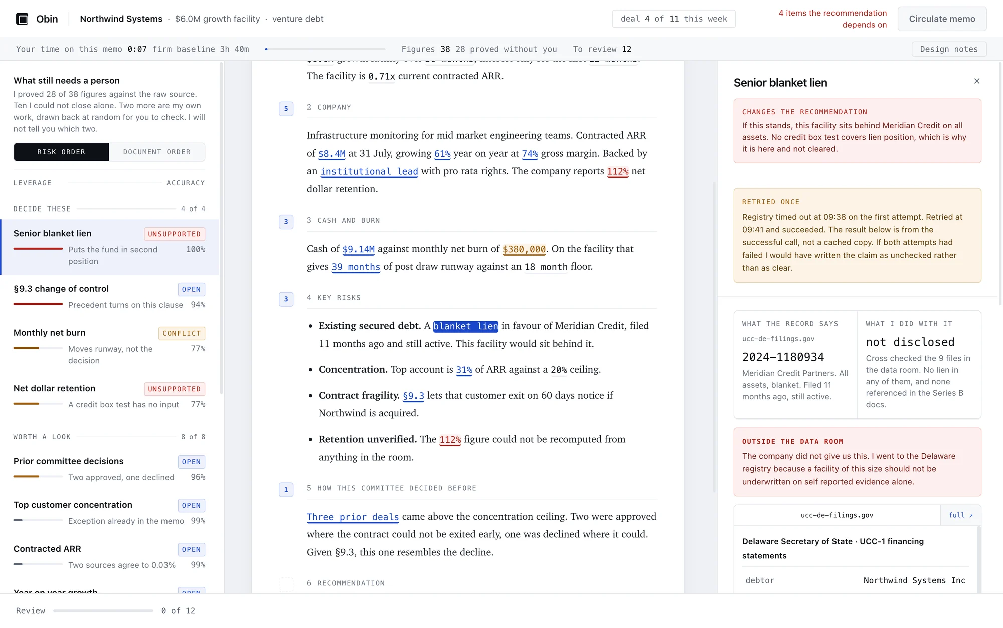 The verification pane: registry filing on the left, what the agent did with it on the right, and a note that the company did not supply the document