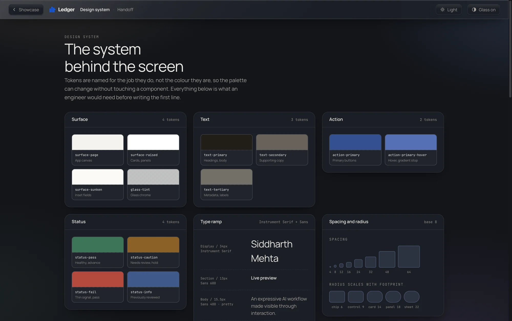 The system view showing colour tokens, component anatomy and the full state matrix