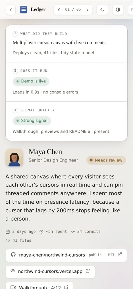 The mobile review layout, evidence stacked first with a sticky review dock