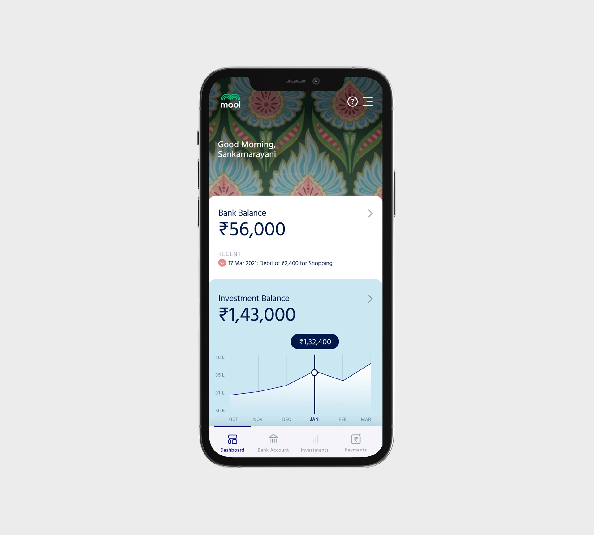 The Mool dashboard on a phone, bank balance and investment balance