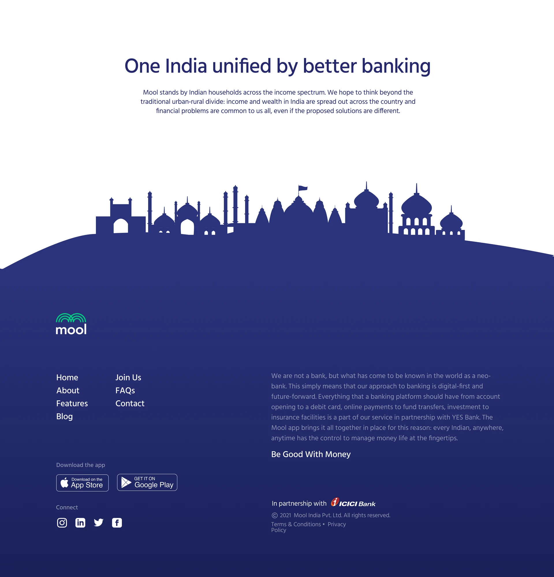 One India unified by better banking: the Mool marketing site footer