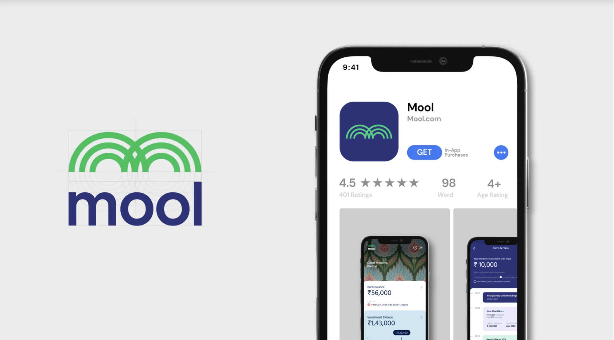 The Mool app store listing, and the logo construction grid