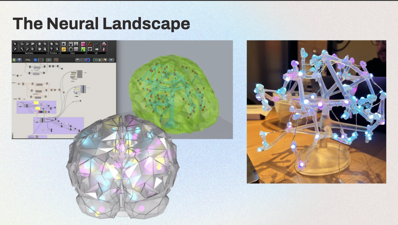 The Neural Landscape: Grasshopper script, 3D print test, the lit brain sculpture