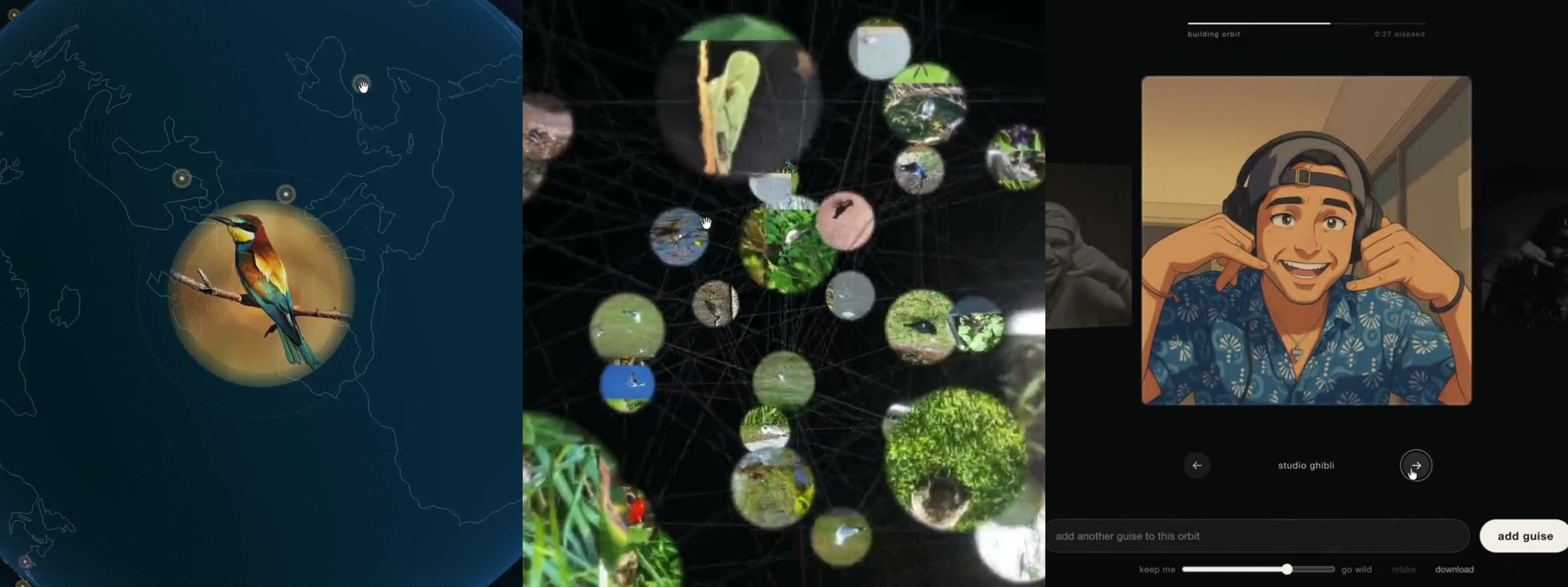 Three of the prototypes running: a species map, a cluster of observations, and a portrait restyled