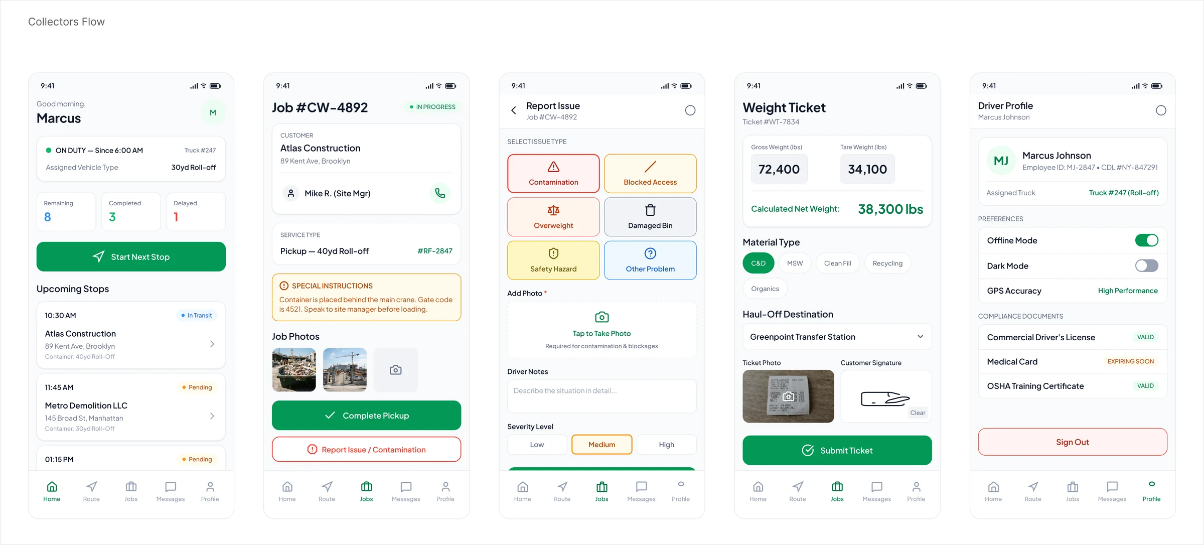A closer pass at the collector's flow: the job, the report, the weight ticket, the driver profile