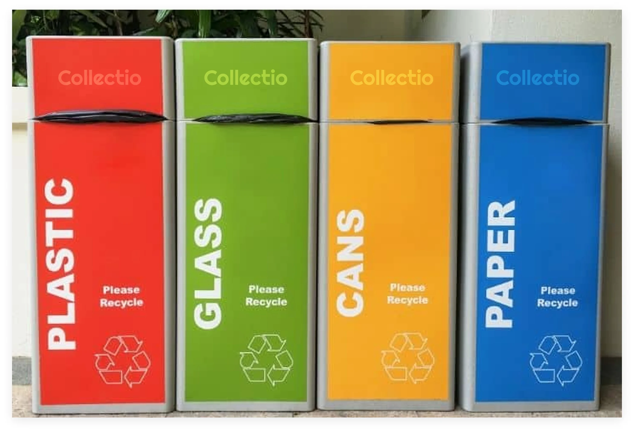 Four Collectio bins, red glass yellow blue for plastic glass cans and paper