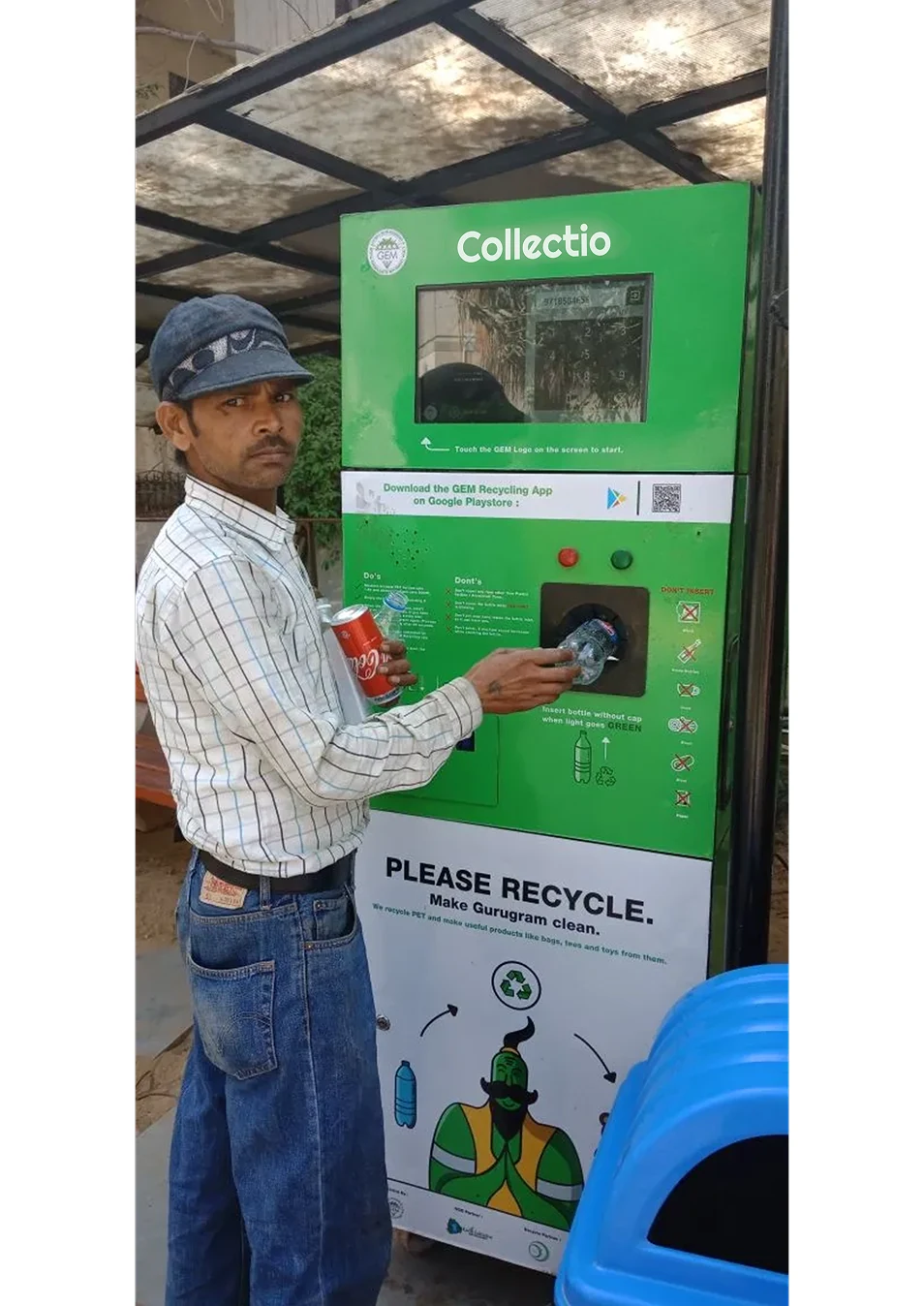 A man feeding a bottle into a Collectio recycling kiosk