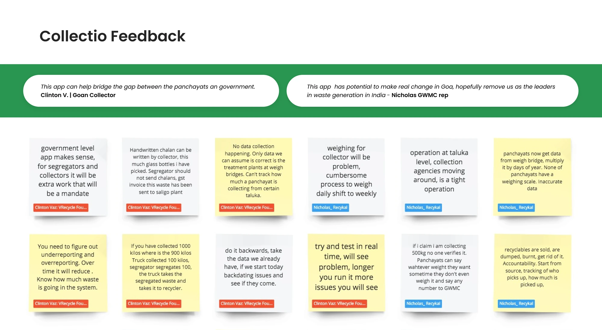 Collectio feedback: pull quotes from Clinton Vaz of vRecycle and Nicholas of GWMC, and twelve raw notes from both