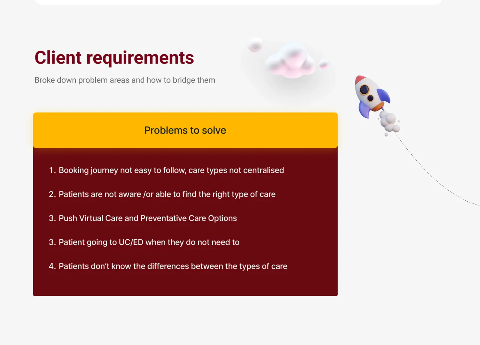 Client requirements and problems to solve