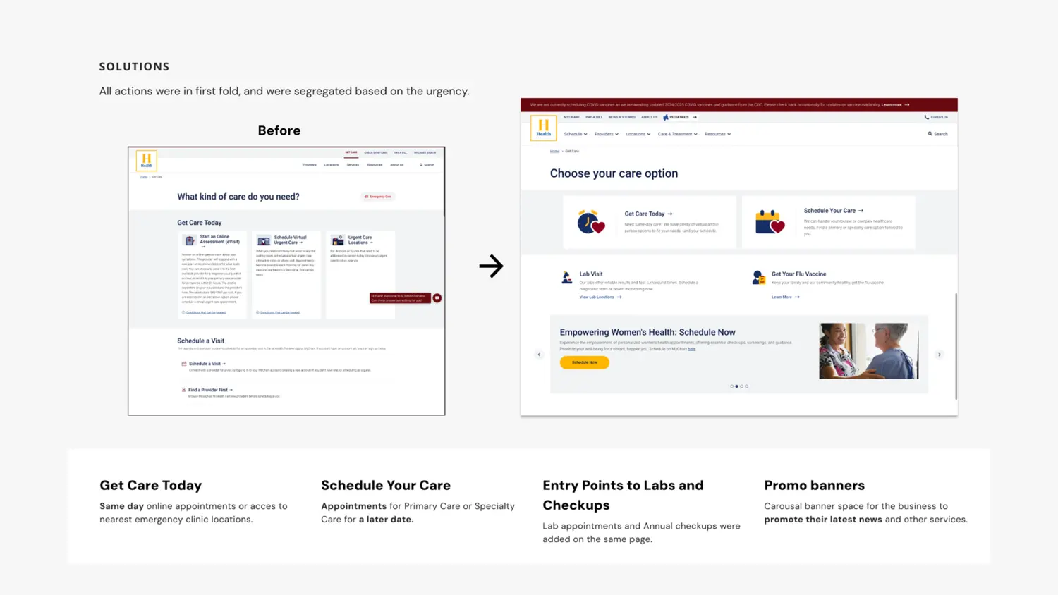 Before and after of the Get Care page
