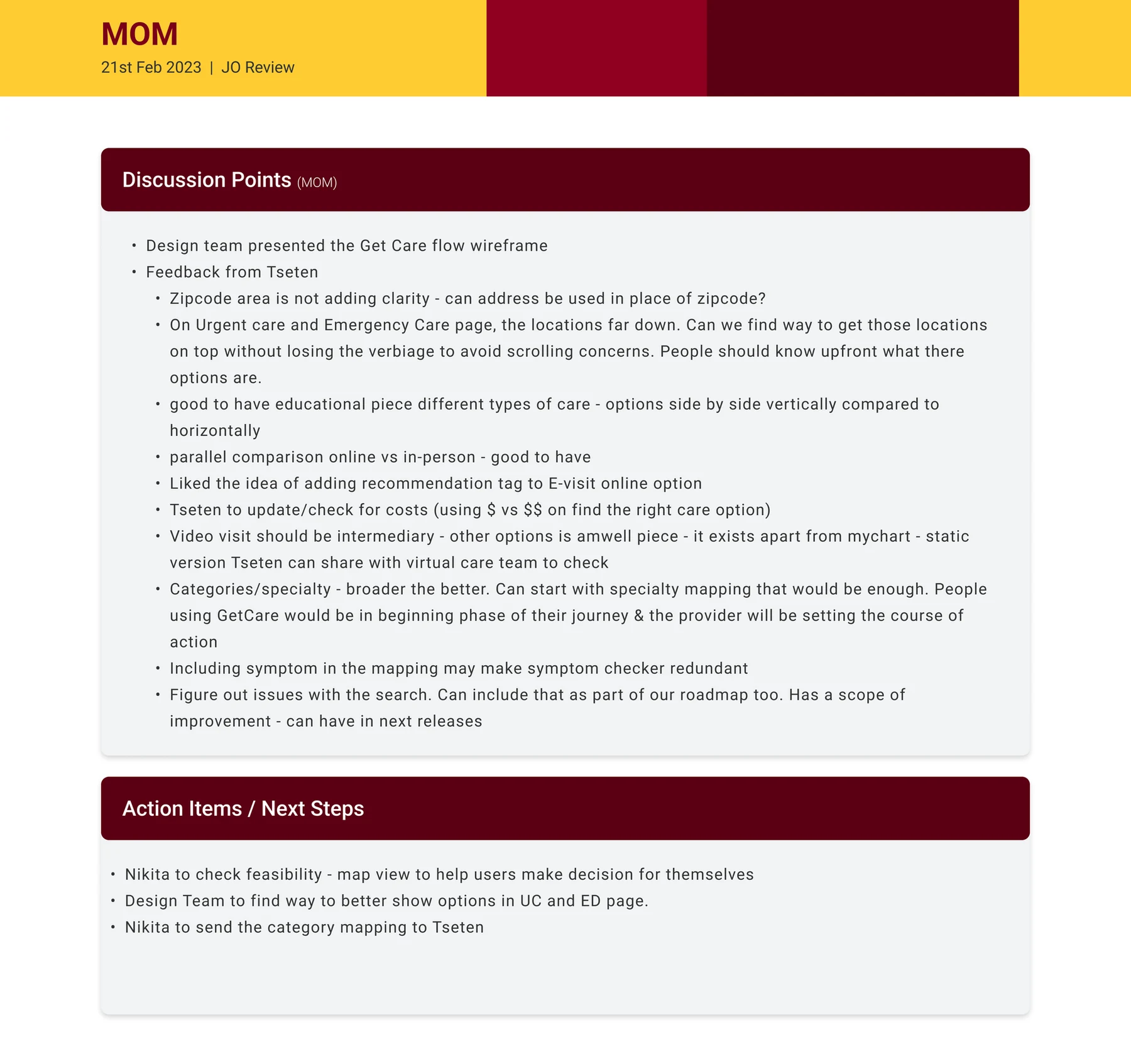 Minutes of meeting: discussion points and action items from the JO review