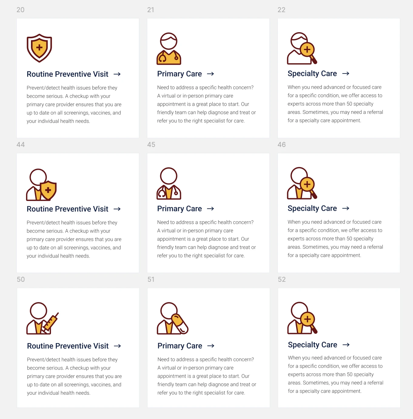 Specialty icon set ideation: Routine Preventive Visit, Primary Care, Specialty Care