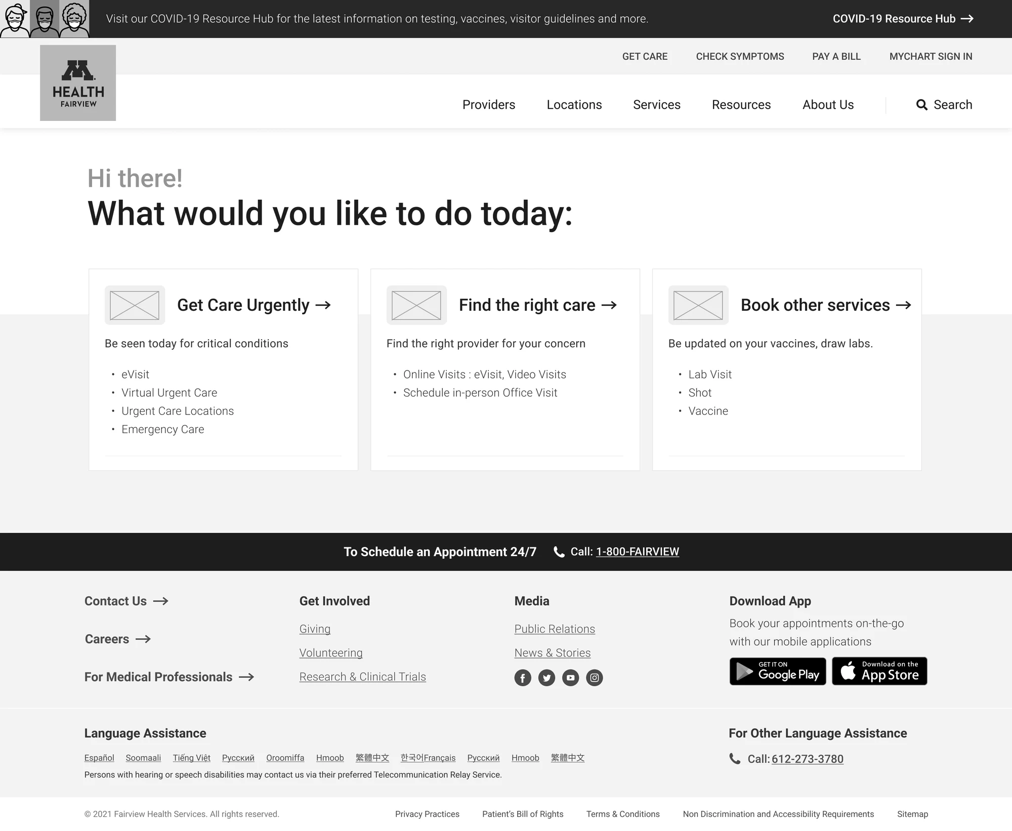 Wireframe: what would you like to do today, get care urgently, find the right care, book other services