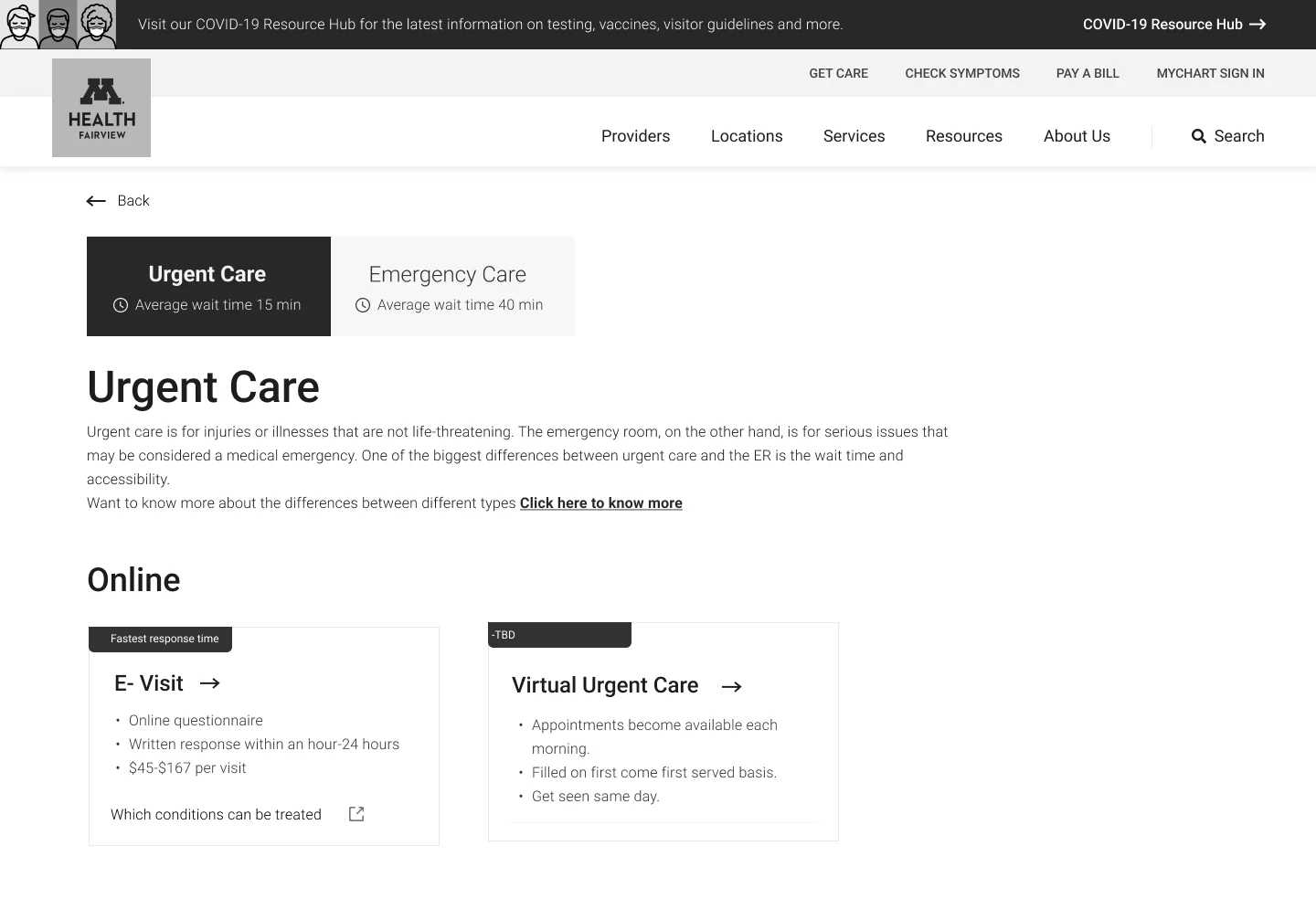 Wireframe: Urgent Care and Emergency Care, with online and in-person options