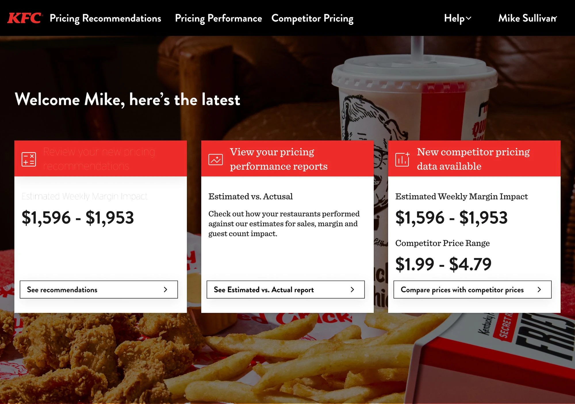 KFC pricing recommendations dashboard