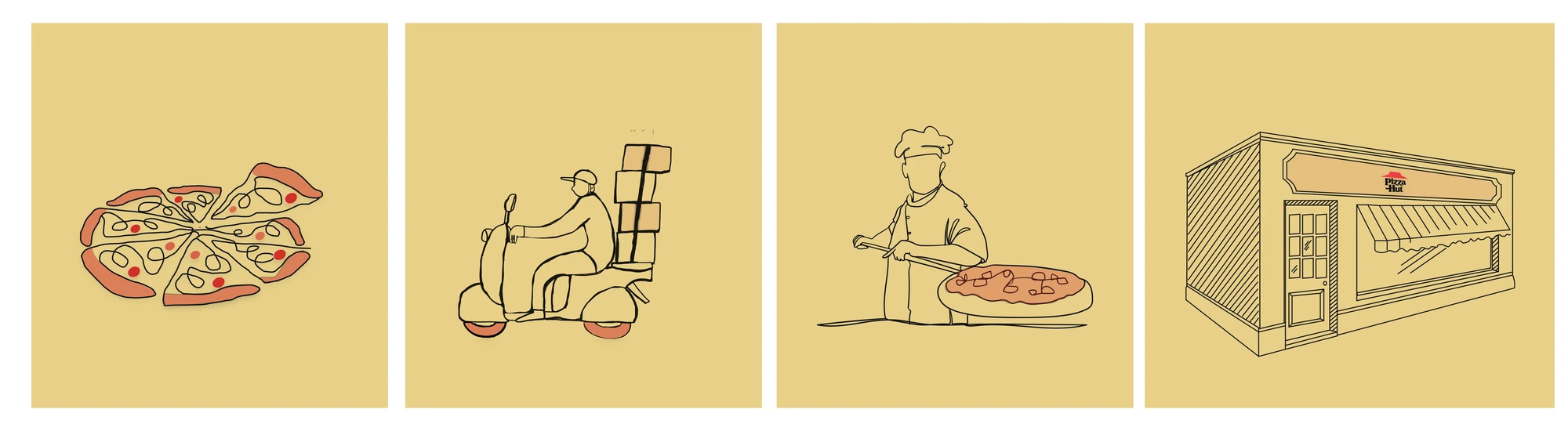 Pizza Hut brand illustrations: pizza, delivery, the kitchen, the storefront