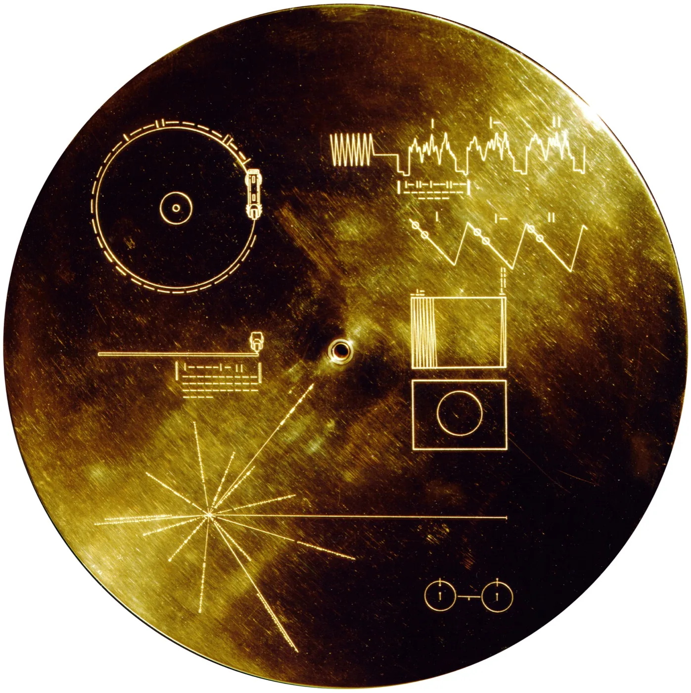 The Voyager Golden Record, its gold cover engraved with instructions for playing it